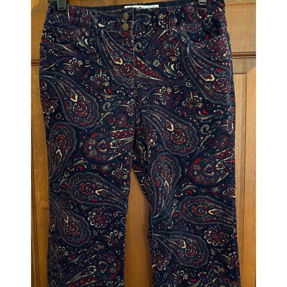 VTG Tommy Hilfiger Corduroy Pants Womens 2 Navy Paisley Bootcut Trousers Y2K